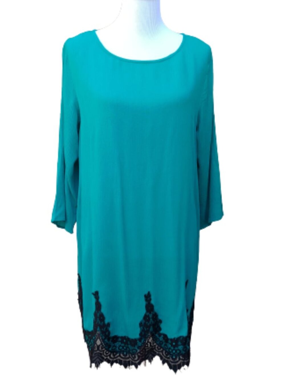 Kori America Teal Shift Dress Black Lace Trim Hem 3/4 Sleeves